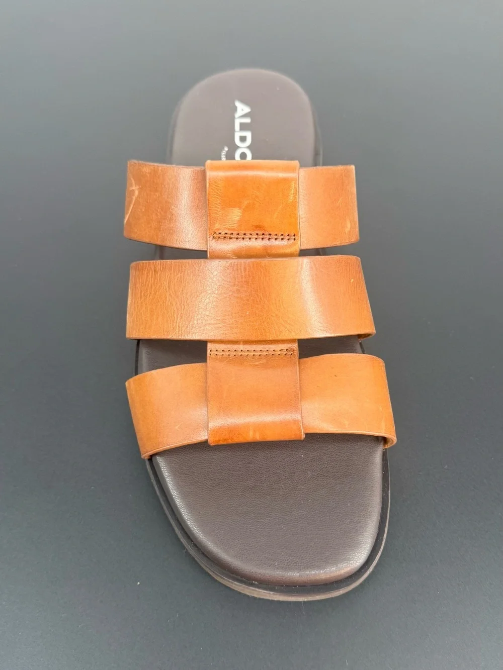 Aldo Men’s Tan Triple-Strap Leather Slide Sandals Size 10